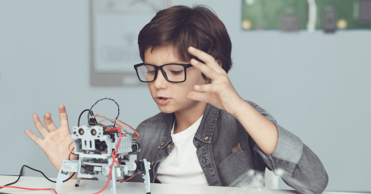 Image Showing a young boy playing with robot.